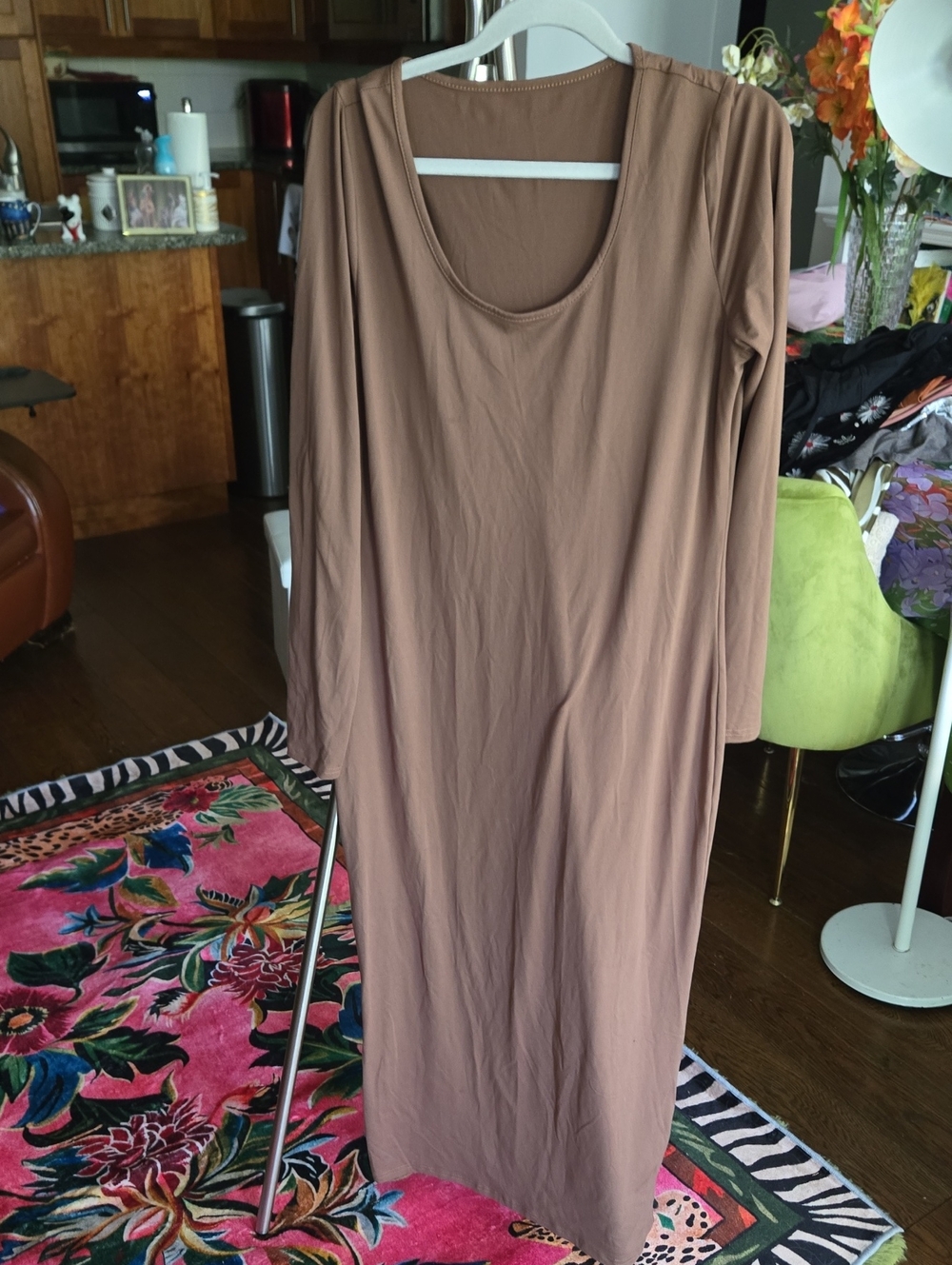Classic Scoop Neck Long-Sleeve Maxi Dress — Brown Poly Elastine